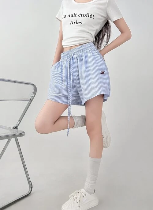 Vintage Striped Drawstring High Waist Casual Shorts