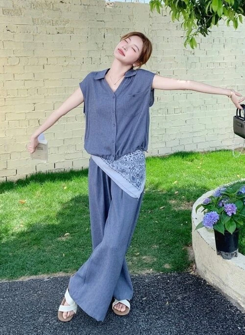 Vintage Style Buttondown Shirt And Wideleg Pants Set