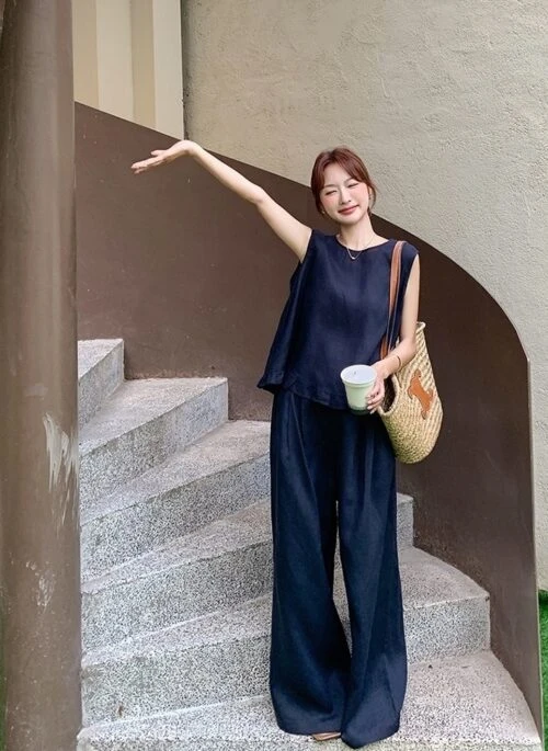 Vintage Style Fashion Two Piece Vest And Wide Leg Pants