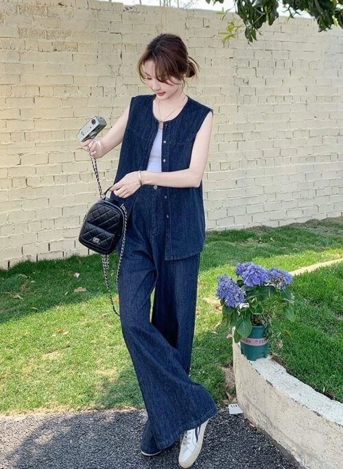 Vintage Waistcoat Set With Wide Leg Pants