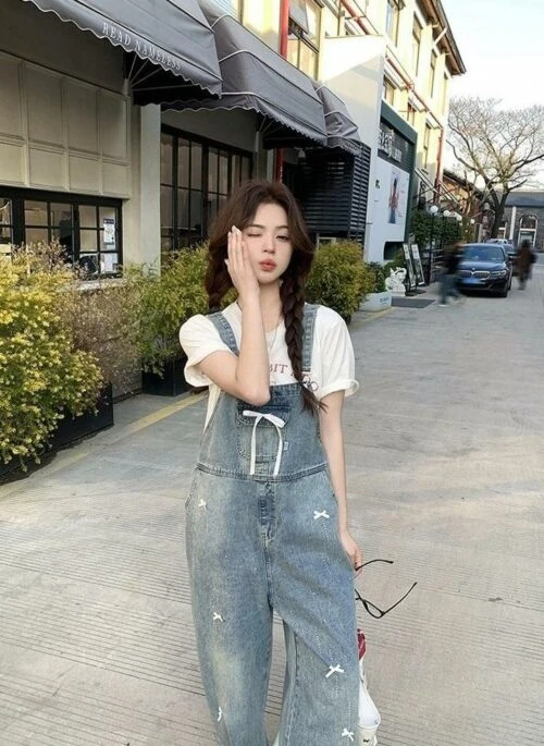 Vintage Washed Denim Overalls With Bow Detail