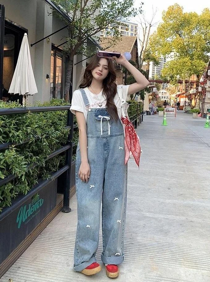 Vintage Washed Denim Overalls With Bow Detail - Fashion Chingu