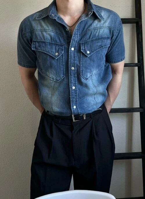Vintage Washed Denim Short Sleeve Casual Shirt