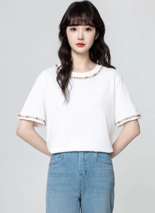 White Beaded Loose Fit Short Sleeve Tee