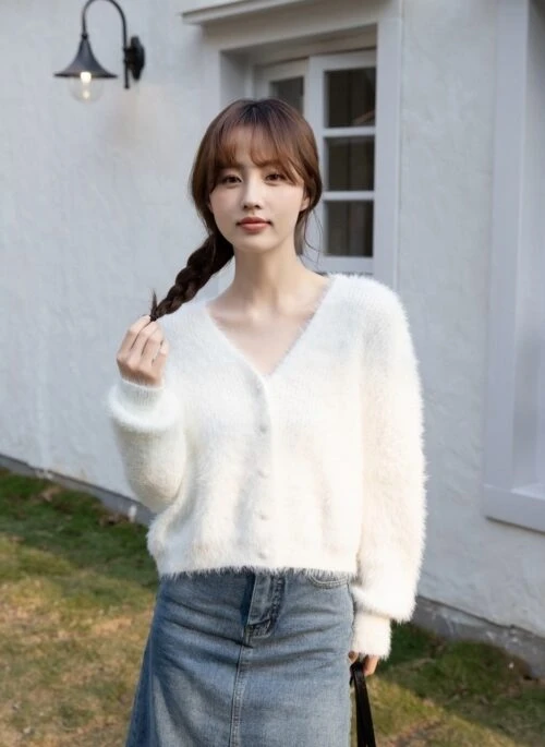 White Furry Button-Down Cardigan | IU