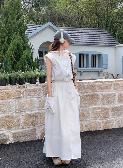 White Hooded Vest Skirt Set Casual Summer Outfit