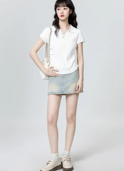White Knit Polo Short Sleeve Top With Asymmetric Hem