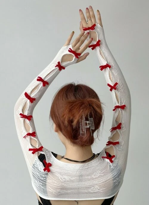 White Lace Arm Sleeves With Red Bows | Irene – Red Velvet