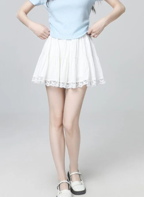 White Lace Patchwork High Waist Flared Skirt