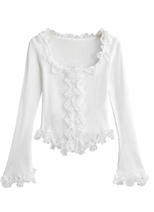 White Lace Ruffles Ribbed Top | Natty – Kiss Of Life
