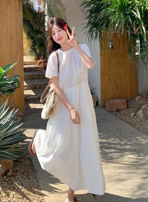 White Resort Style Slim Fit Waist A Line Dress