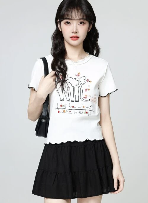 White Ruffle Neck Cartoon Print Short Sleeve Top
