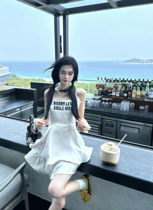 White ‘Worry Less, Smile More’ Satin Dress | Julie – Kiss Of Life