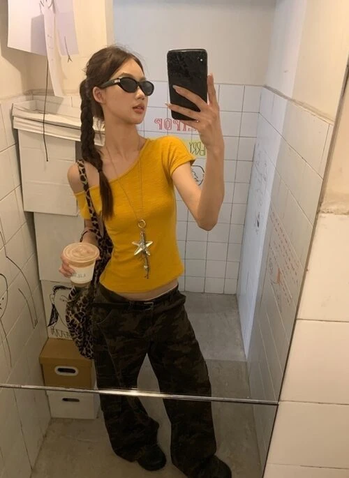 Yellow Asymmetrical Shoulder Fitted T-Shirt