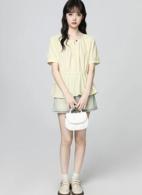 Yellow Hollow Out Puff Sleeve Loose Short Sleeve Shirt