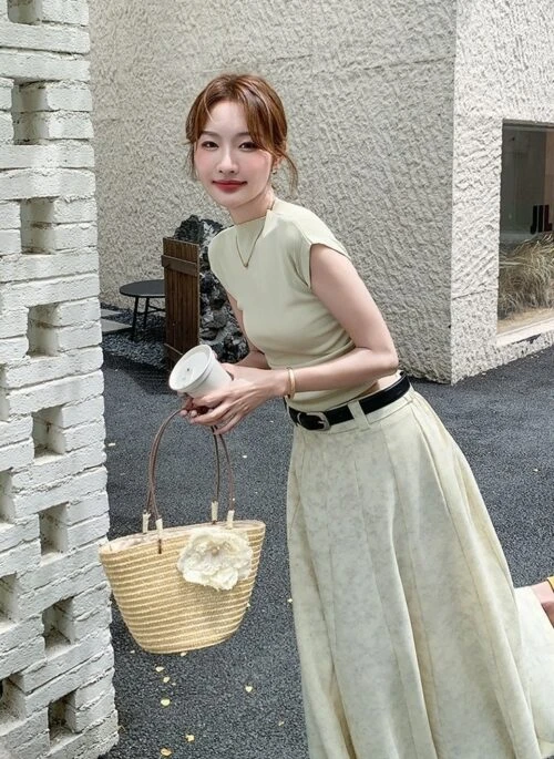 Yellow Knit Top Gradient Skirt Outfit Summer Set