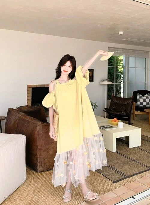 Yellow Ombre Off Shoulder Mesh Vacation Maxi Dress