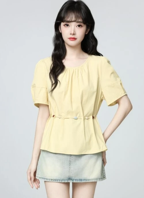 Yellow Puff Sleeve Tie Waist Short Sleeve Blouse