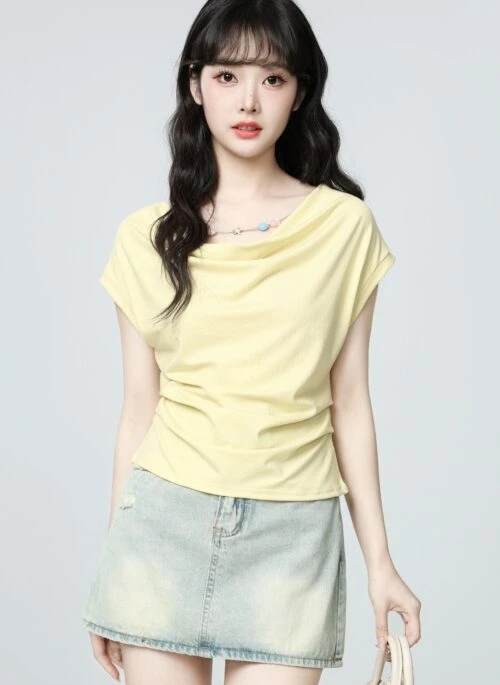 Yellow Ruched Waist Slim Fit Short Sleeve Top