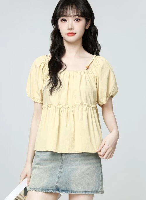 Yellow Ruffle Puff Sleeve Short Blouse