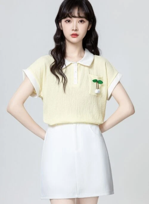 Yellow Short Sleeve Polo Collar Loose Top