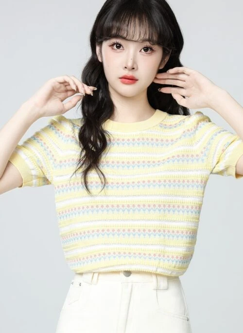 Yellow Striped Knit Short Sleeve Crewneck Top
