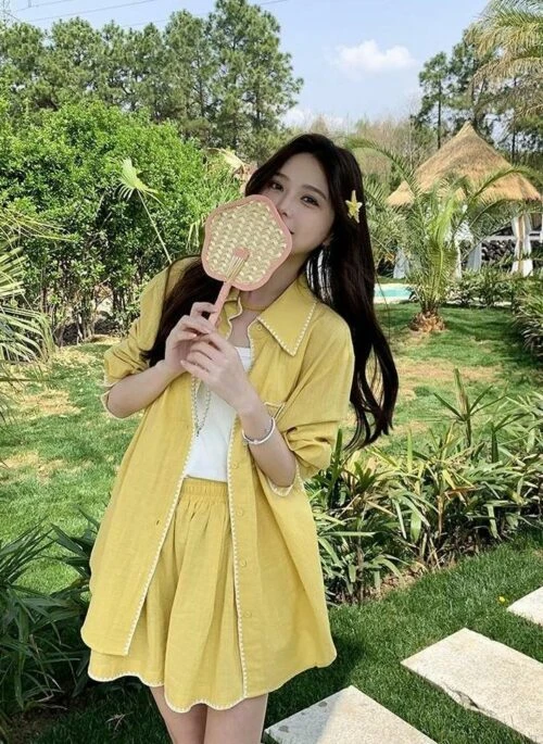 Yellow Summer Sun Protection Shirt And Shorts Set