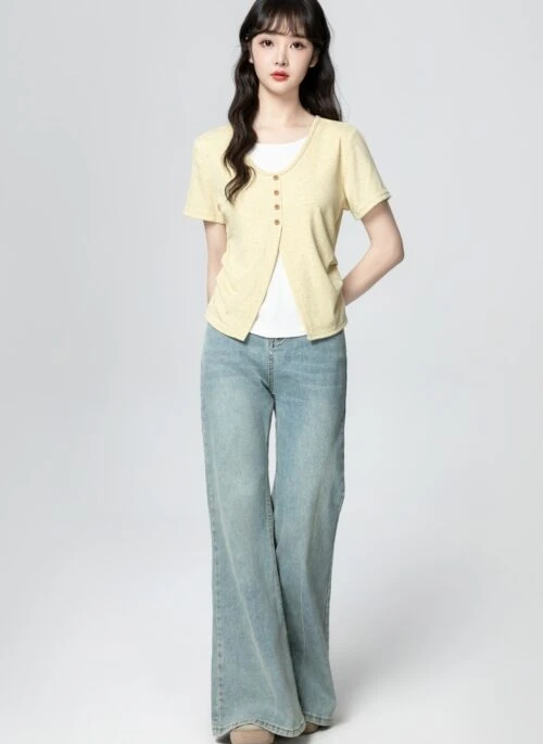 Yellow Twopiece Short Sleeve Colorblock Top