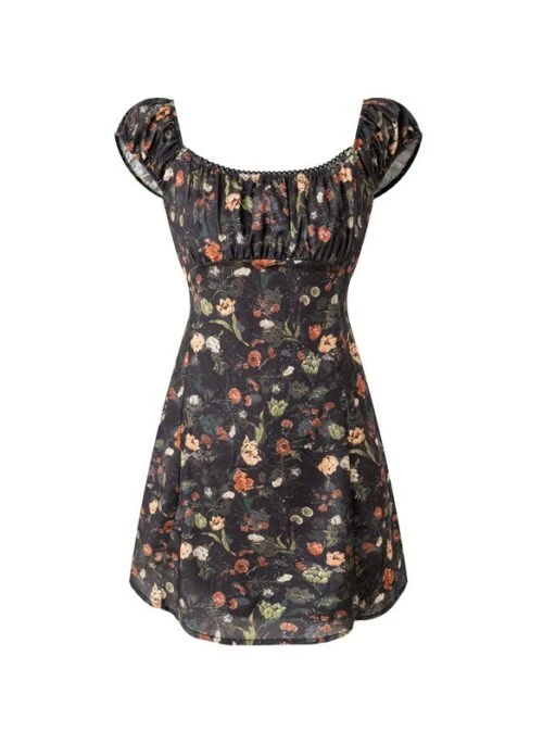 Black Floral Puff-Sleeve Mini Dress | Ahyeon - BabyMonster