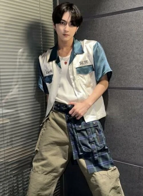 Army Green Pants With Yellow Plaid Detachable Skirt | Jungwon – Enhypen
