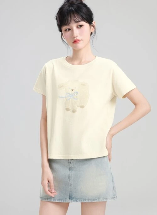 Beige Bow Print Short Sleeve Summer T Shirt