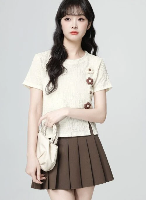 Beige Floral Loose Fit Split Hem Short Sleeve Top
