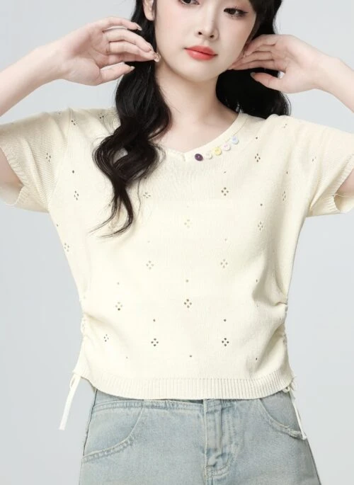 Beige Knitted Short Sleeve V Neck Summer Top