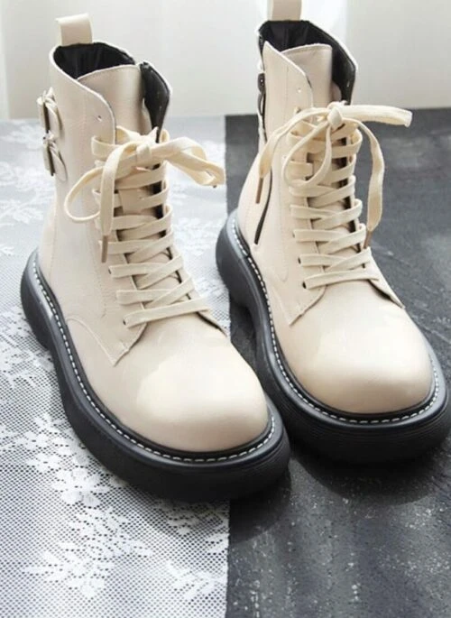 Beige Lace-Up Combat Boots | Shuhua – (G)I-DLE