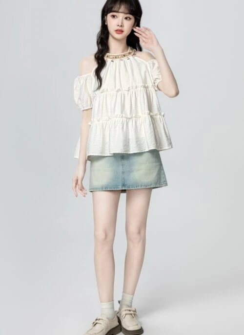 Beige Off Shoulder Halter Short Sleeve Blouse