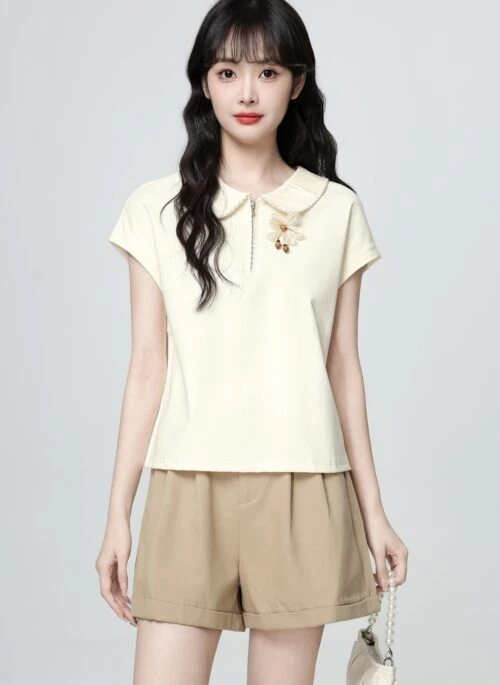 Beige Polo Collar Short Sleeve Top With Floral Design