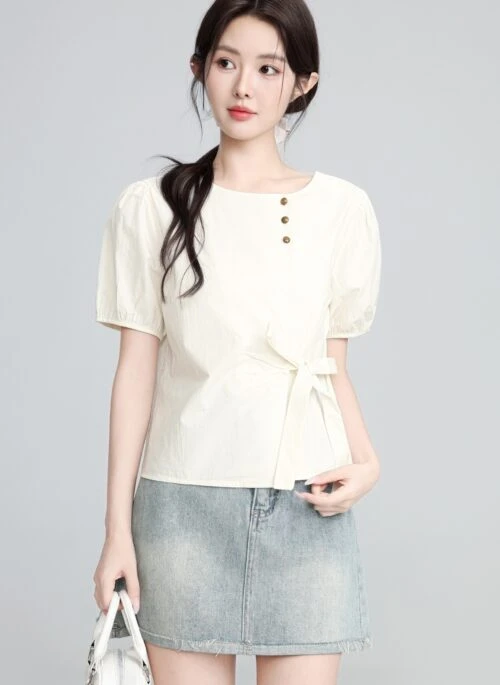 Beige Puff Sleeve Bow Tie Waist Short Sleeve Shirt