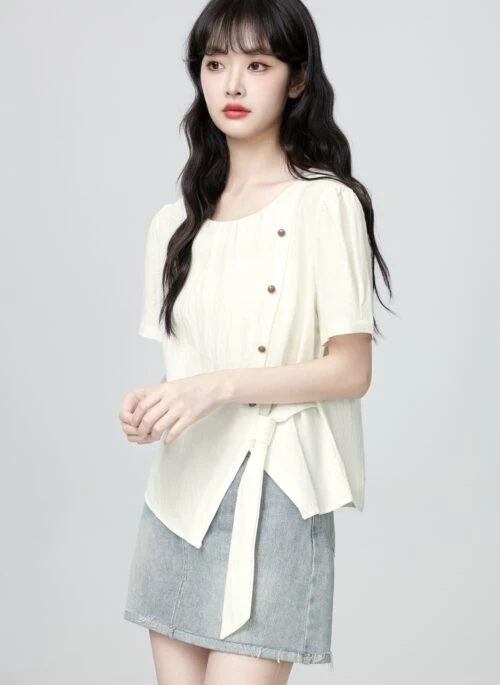Beige Puff Sleeve Tie Front Short Sleeve Blouse