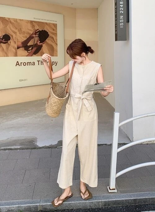 Beige Sleeveless Casual Slimming Jumpsuit