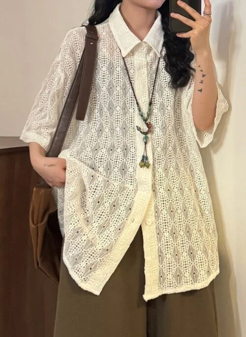 Beige Triangle Pattern Lace Shirt | Kim Mi Kyung – The Potato Lab