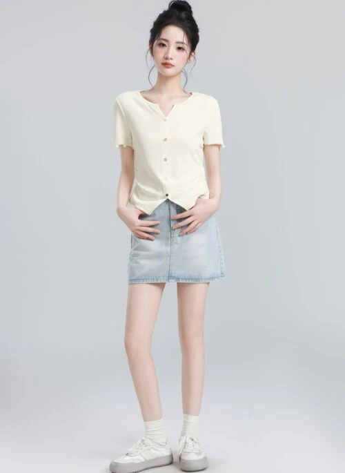 Beige V Neck Slim Fit Short Sleeve Top
