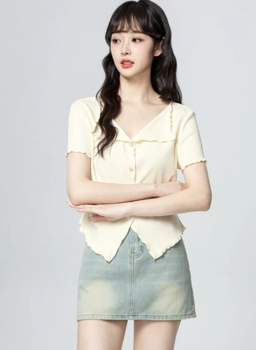 Beige Vneck Split Hem Ruffle T-Shirt