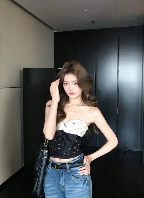 Black And White Polka Dots Bow Bustier Tube Top | Yunah – ILLIT