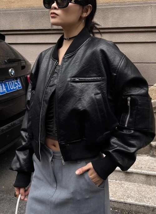 Black Chunky Faux Leather Short Biker Jacket | Iroha – ILLIT