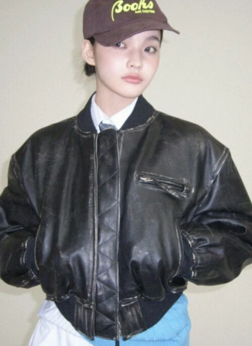 Black Chunky Faux Leather Short Biker Jacket | Iroha – ILLIT