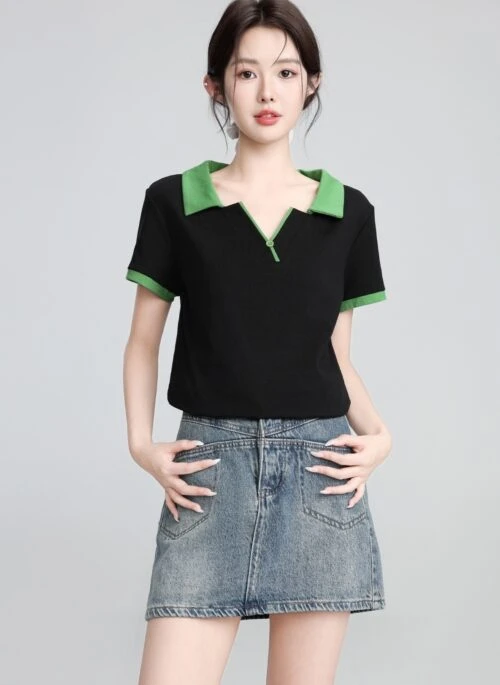 Black Contrast Collar V Neck Short Sleeve Top