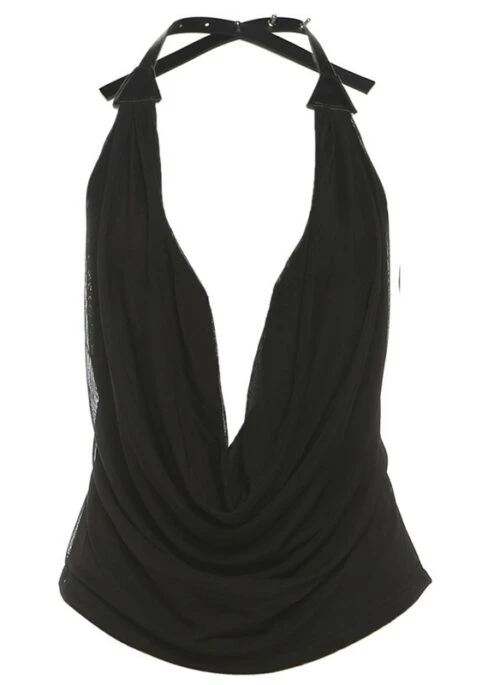 Black Draped Plunge Halter Top | Lia – ITZY