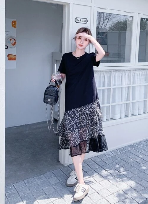 Black Floral Patchwork Irregular Elegant Summer Dress