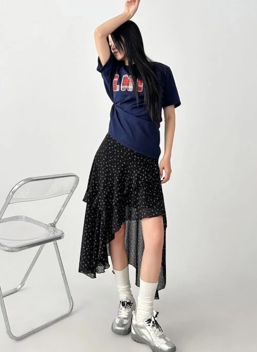 Black Floral Ruffle High Waist A Line Skirt