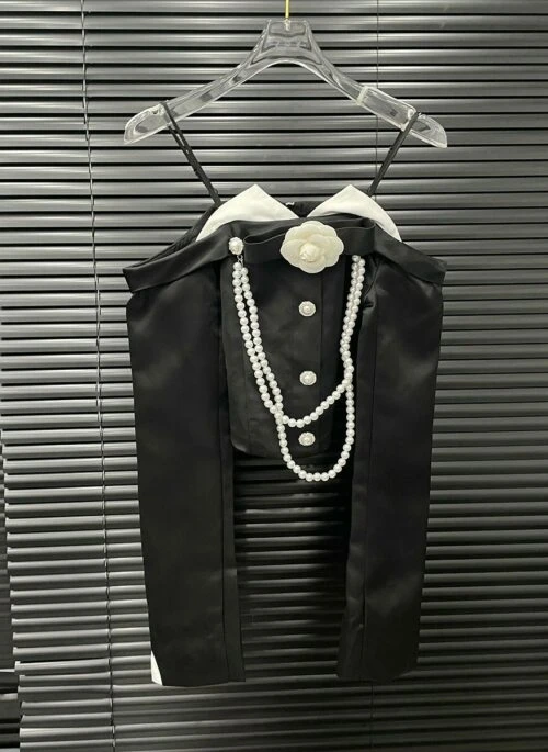 Black Flower Pearl Chain Off-Shoulder Top | Jennie – BlackPink